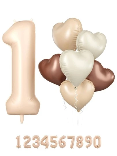 一套浅棕色数字1-9气球，焦糖色大号数字1-9气球，搭配奶油色心形铝箔气球，适合生日派对装饰、迎婴派对、婴儿主题派对。