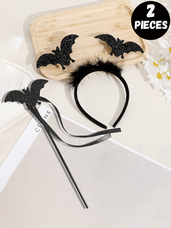 2 Stück Halloween Party Schwarze Fledermaus Haarreif und Zauberstab Set, Halloween Party Kostüm Accessoires, geeignet für Aufführungen, Filmaufnahmen und eine ideale Wahl als Geschenk für Mädchen