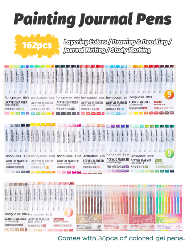 Caneta marcadora acrílica multicolorida Languo de 63 a 162 cores, ponta macia, material de arte especial para pintura, alunos podem usá-la para marcar notas de estudo, caneta aquarela empilhável que não vaza tinta, cores ricas em dopamina Maillard, materiais escolares essenciais, presentes para alunos e amigos durante a volta às aulas, presentes de Natal e Ano Novo