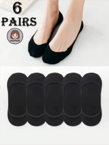 6 Pairs Women Simple Solid Color Shallow Mouth Invisible Loafer Socks, Comfortable & Versatile For Summer - Black - View 1