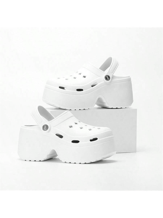 Platform Hole Shoes For Women, Comfortable Thick Sole, Fashionable & Versatile, Suitable For Autumn, Beach, White Sandals, Breathable & Lightweight Increasing Height