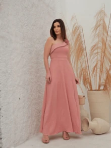 Long Dress With Zero Sleeves And Flower Detail On The Sleeve In Wedding Fabric - 乾枯玫瑰色 - 查看 2