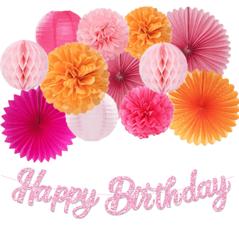 亮粉色橙色秋季生日派对装饰秋季女士桃色快乐横幅，女孩时尚纸彩带灯笼蜂窝，纸巾花绒球扇子，波西米亚花环房间装饰，周年纪念装饰，70 岁生日装饰，18 岁生日装饰，万圣节感恩节圣诞节装饰