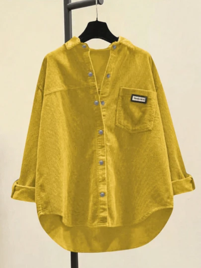 女式灯芯绒纽扣衬衫宽松休闲长袖时尚开衫夹克 2024 秋季超大衬衫上衣带口袋