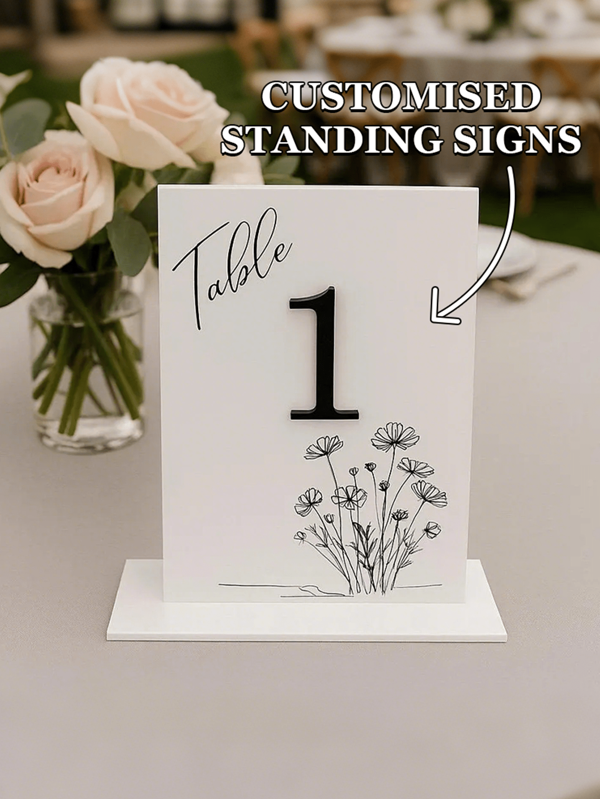 Placas personalizadas de números de mesa de acrílico disponibles. Placas de mesa de boda con flores grabadas, placas modernas de números de mesa de boda con base, regalo ideal para él, regalo ideal para ella, regreso a la escuela, regalo ideal para la familia, aniversario, Día de San Valentín, Día de la Madre, cumpleaños, Día de los Niños, Día del Padre, graduación, boda