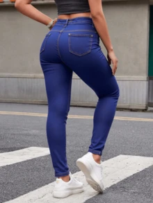 Vaqueros ajustados de cintura alta - Azul - Ver 3