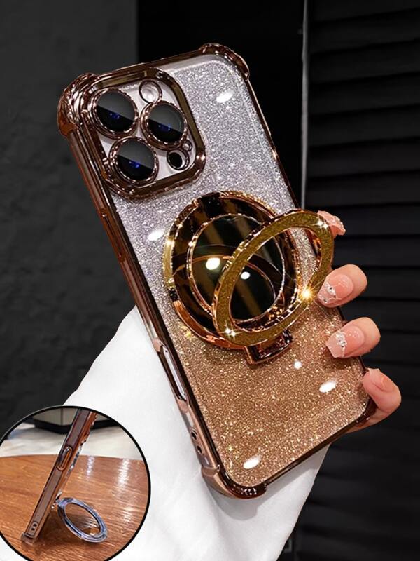 Luxury Electroplated Phone Case With Ring Magnetic Stand Holder, Built-In Makeup Mirror, Rhinestone Glitter Sparkle Y2k Style, Drop-Resistant, Anti-Drop,Summer New Fashion Silicone Shockproof Protective Soft Cover Compatible With IPhone 16 16e 15 14 13 12 11 X XS XR 8 7 Plus Pro Max Mini, Samgsung Galaxy S24 S25 Ultra, Compatible With Xiaomi Redmi, Compatible With Huawei Honor OPPO Reno MOTO Infinix Women 2025