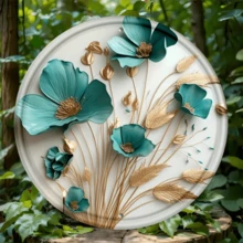 1 Pc 8x8 Inch Metal "Turquoise Flower & Leaves" Round Wall Art, 2D Home & Porch Decor Sign With Random Pattern Holes - Multicolor - View 1