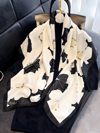 1 pièce Foulard en satin à imprimé floral élégant pour femmes, protection solaire respirante et châle décoratif décontracté pour robe