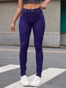 Vaqueros ajustados de cintura alta - Azul - Ver 2