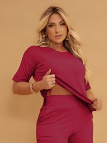 Women's Elegant Casual Set, Wide Leg Pants, Mullet Blouse, Short Sleeve, Tailored Sweatshirt - Màu Hồng  Dưa hấu - Xem 3
