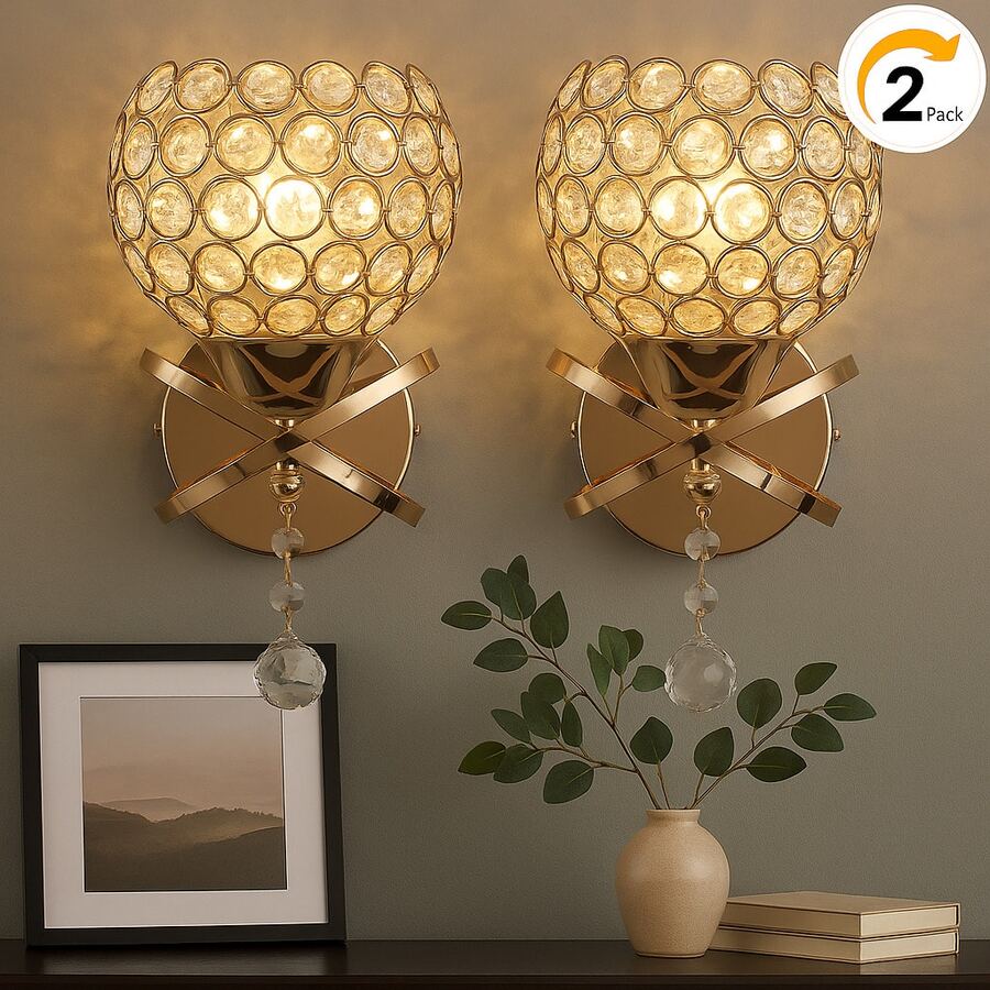 2 Pack Crystal Wall Lamp – Modern Simple Design For Corridor, Entrance & Bedroom (Free 2-Color Bulbs) - WL605-1FGD - View 1