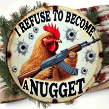 1pc Vintage Farm Chicken Metal Wall Sign, Size 8"X8", Humorous "I Refuse To Become Chicken Nuggets" Country Design, Suitable For All Seasons, Hanging Metal Plaque With Decorative Metal Craftsmanship, Suitable For Home, Bar, Garage, Garden And - Multicolor - View 1