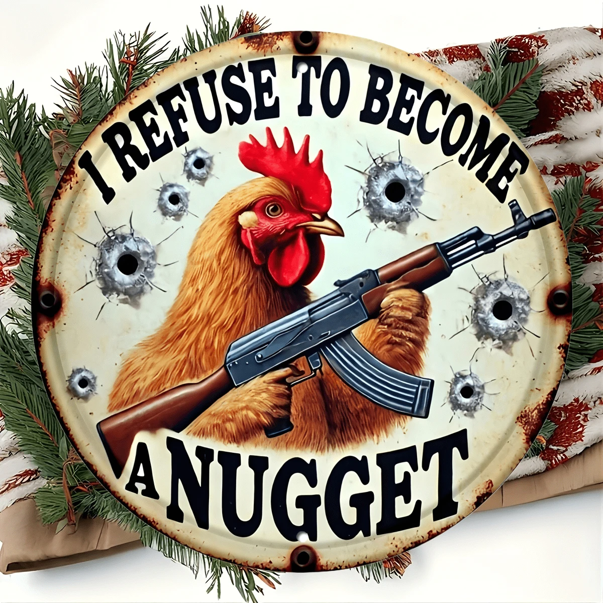 1pc Vintage Farm Chicken Metal Wall Sign, Size 8"X8", Humorous "I Refuse To Become Chicken Nuggets" Country Design, Suitable For All Seasons, Hanging Metal Plaque With Decorative Metal Craftsmanship, Suitable For Home, Bar, Garage, Garden And - Multicolor - View 1