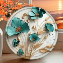 1 Pc 8x8 Inch Metal "Turquoise Flower & Leaves" Round Wall Art, 2D Home & Porch Decor Sign With Random Pattern Holes - Multicolor - View 9