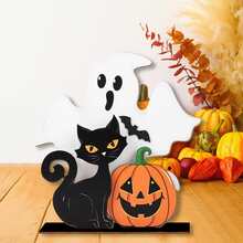 1 件农舍万圣节装饰品 - 木制鬼魂和黑猫桌标、立式桌面中心装饰、南瓜和猫主题、万圣节快乐，适合节日书桌和派对架 - 彩色 - 查看 3