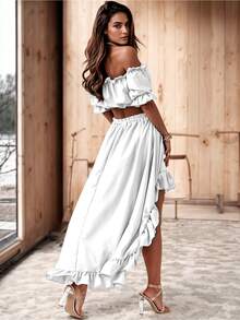 Conjunto Campesino de Crop Top con Hombros Descubiertos y Falda Asimetrica Holgada para Mujer - Blanco - Ver 2
