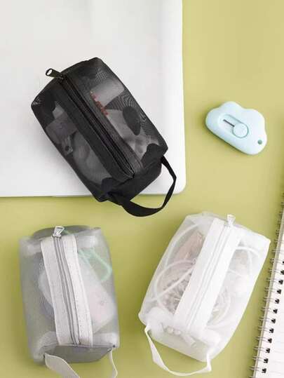 1 件网状数据线收纳袋透明手持式整理袋，可装卡片、硬币、钥匙、迷你文具、笔袋、女士钱包、钱包、返校用品、迷你钱包、铅笔袋、沙滩配件