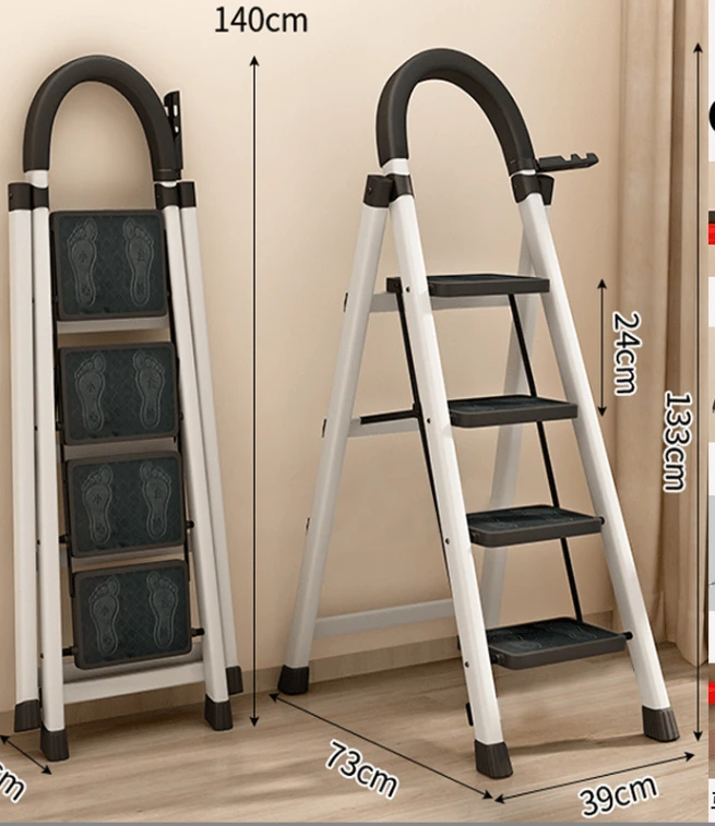 GLOBAL Z-A Escalera Plegable, de Tijera, de 3 5 Peldaños, Taburete, Antideslizante, Bloqueo de Seguridad, Fácil de Guardar, Carga hasta 150 kg, Ideal para Cocina, Pasillo, Garaje, Color Blanco