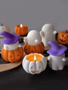 2 Stück Set oder 1 Stück Set Halloween Kerzen Silikonform - Geister Set Design, Kürbis Behälter Design, süßer Stil Design, geeignet zum Herstellen von Halloween Dekorationen, handgefertigten Kunstwerken, Festival DIY Dekorationen, Duftkerzen Herstellung, kann als Festivalgeschenke verwendet werden. Es hat die Eigenschaften von hoher Temperaturbeständigkeit und einfachem Ausformen. - Weiss - Übersicht 6