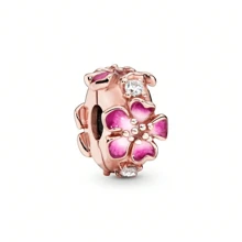 Talisman de plata de ley 925 chapado en oro rosa con diseño fijo de flor de ciruelo y animal de dibujos animados, adecuado para pulseras DIY, regalo de moda y elegante para el cumpleaños de la mujer