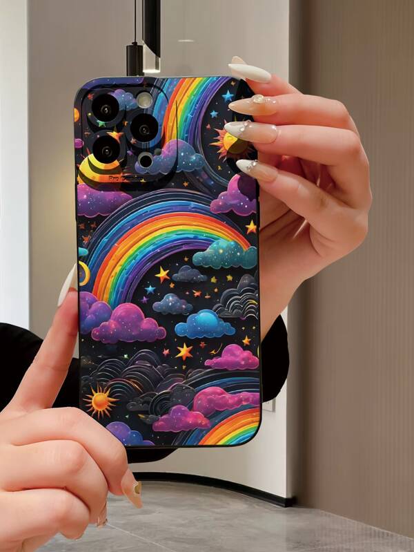 1 Peça Capa de Telefone Simples, à Prova de Choque, com Lente Preta e Proteção Ocular, Padrão de Nuvem Arco-Íris de Luxo e Estrela, Compatível com Apple/OPPO/Vivo/Redmi/Série