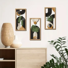 3 件中世纪现代镂空墙饰波西米亚风格镂空木艺术墙饰抽象几何墙饰卧室客厅餐厅门廊墙壁装饰壁画 - 彩色 - 查看 3