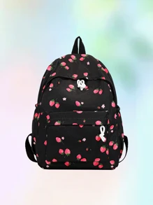 1pc, Versatile, Fashionable, High-Value, Niche Design, Casual, Cute, Sweet, Hand-Held Backpack, Fabric Letter Strawberry Print, Adjustable Shoulder Strap, Large Capacity, Multi-Pocket Backpack, Suitable For Women'S Daily Commuting And Going Out For Shopping And Play