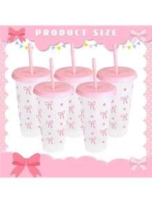1pc/5pcs/10pcs, 24oz Powder Blue Bow Plastic Cups With Lid And Straw, Reusable, Cute Clear Plastic Cups, Plastic Cups For Birthday, Wedding And Party Supplies