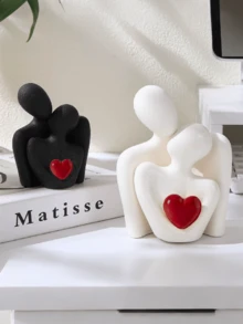 1件“爱之吻”雕像，拥抱红色爱心，树脂材质，情侣拥抱装饰摆件，浪漫礼物，寓意深刻的雕塑，适用于卧室、家庭办公室、书架、桌面装饰 - 彩色 - 查看 4