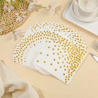 Servilletas de cóctel de oro en lámina - Servilletas desechables de 3 capas, absorbentes de agua, de alta calidad, con patrones de círculo dorados, plegadas de 5"x5" y desplegadas de 10"x10", adecuadas para bodas, cumpleaños, baby showers, regalos nupciales y esenciales para celebraciones, hechas de pulpa de madera 100% natural