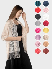 قطعة واحدة، وشاح كلاسيكي للسيدات، لون أحادي، مفرغ، قابل للتنفس ومزين بالشراريب، وشاح أناقة حريري لفستان السهرة الزفاف