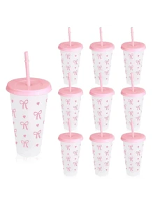 1pc/5pcs/10pcs, 24oz Powder Blue Bow Plastic Cups With Lid And Straw, Reusable, Cute Clear Plastic Cups, Plastic Cups For Birthday, Wedding And Party Supplies