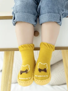 1 par de calcetines antideslizantes para bebé con conejo y moño, calcetines para gatear en interiores para niños pequeños con puntos de goma