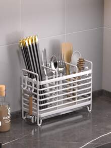 1pc 2/3 Grid Stainless Steel Chopstick Holder, Cutlery Drain Rack, Durable Cutlery Storage Rack, Home Storage Organizer For Home, Dormitory With Drain Tray, Kitchen Accessories - Multicolor - View 3