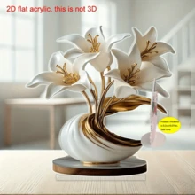 2D 扁平亚克力花瓶，配金色百合花 - 优雅的白色和金色装饰雕像，适合家庭、办公室或特殊场合 | 非常适合复活节、圣帕特里克节等 | 桌面展示、办公室装饰 | 优雅的花瓶设计 | 精细的工艺、花卉装饰