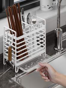 1pc 2/3 Grid Stainless Steel Chopstick Holder, Cutlery Drain Rack, Durable Cutlery Storage Rack, Home Storage Organizer For Home, Dormitory With Drain Tray, Kitchen Accessories - Multicolor - View 7