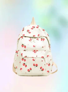 1pc, Versatile, Fashionable, High-Value, Niche Design, Casual, Cute, Sweet, Hand-Held Backpack, Fabric Letter Strawberry Print, Adjustable Shoulder Strap, Large Capacity, Multi-Pocket Backpack, Suitable For Women'S Daily Commuting And Going Out For Shopping And Play