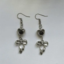 Personalized Long Bow Earrings Silver Kawaii Elegant For Women Heart Pendant With Colorful Crystals - 黑色 - 查看 1