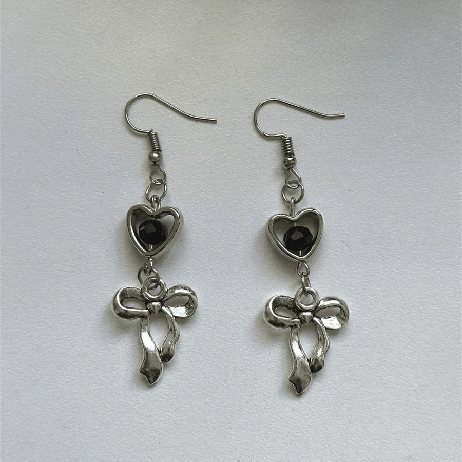 Personalized Long Bow Earrings Silver Kawaii Elegant For Women Heart Pendant With Colorful Crystals - 黑色 - 查看 1
