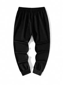 2PCS Men's Drawstring Waist Solid Color Sweatpants Long Printed Sweatpants Plain Black Fitness Basics , Fall Clothes