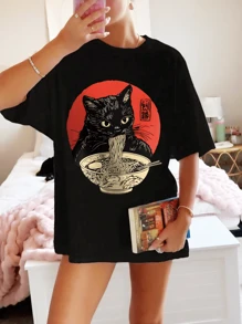 Tween Girls' Casual Cat Print Round Neck Short Sleeve T-Shirt, Summer