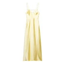 Seelio Summer New Arrival Women's Fashionable Sexy V-Neck Satin Slip Backless Midi Dress - Yellow - View 2