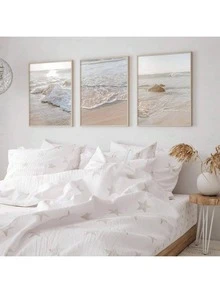 3 件套 波西米亚风情中性米色海滨沙滩海岸风景帆布墙面艺术印刷品、海洋海报、现代艺术、日落海滨印刷品、自然风景墙面装饰，是卧室、客厅、走廊、墙面艺术、夏季装饰、房间装饰的理想礼物，无框 - 米色 - 查看 2