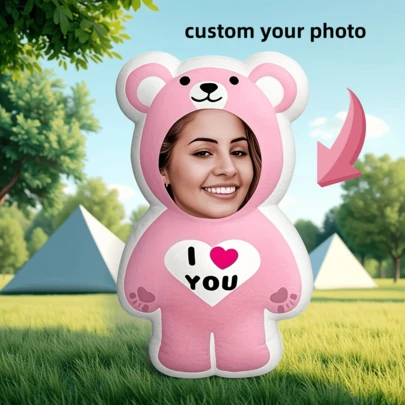 Personalized Face Pillow, Pink Bear Pattern, Customizable Throw Pillow, Unique And Fun. Suitable For Father's Day, Mother's Day, Halloween, Christmas, Christmas Eve, Valentine's Day, Birthday, Personalized Anniversary, Soldier's Day, Thanksgiving, Easter, April Fool's Day, Carnival, Holidays And National Day. ,Indoor Space Aesthetics