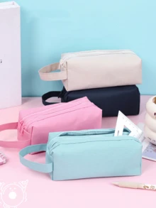 耐用的糖果色牛津布收纳袋 - 双隔层化妆刷和笔收纳袋 | 抗撕裂，便携，适合学校、工作室和旅行，简单而坚固的成人多功能文具收纳袋，多功能收纳袋，铅笔盒，化妆包，适用于学校、文具、节日礼物、学校礼物、返校