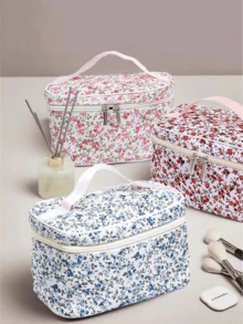 1 件可折叠花卉手提包，花卉图案拉链顶部手柄化妆包，化妆品收纳盒，化妆品收纳包，适合宿舍、女孩、妈妈、学校、旅行、度假、冬季返校