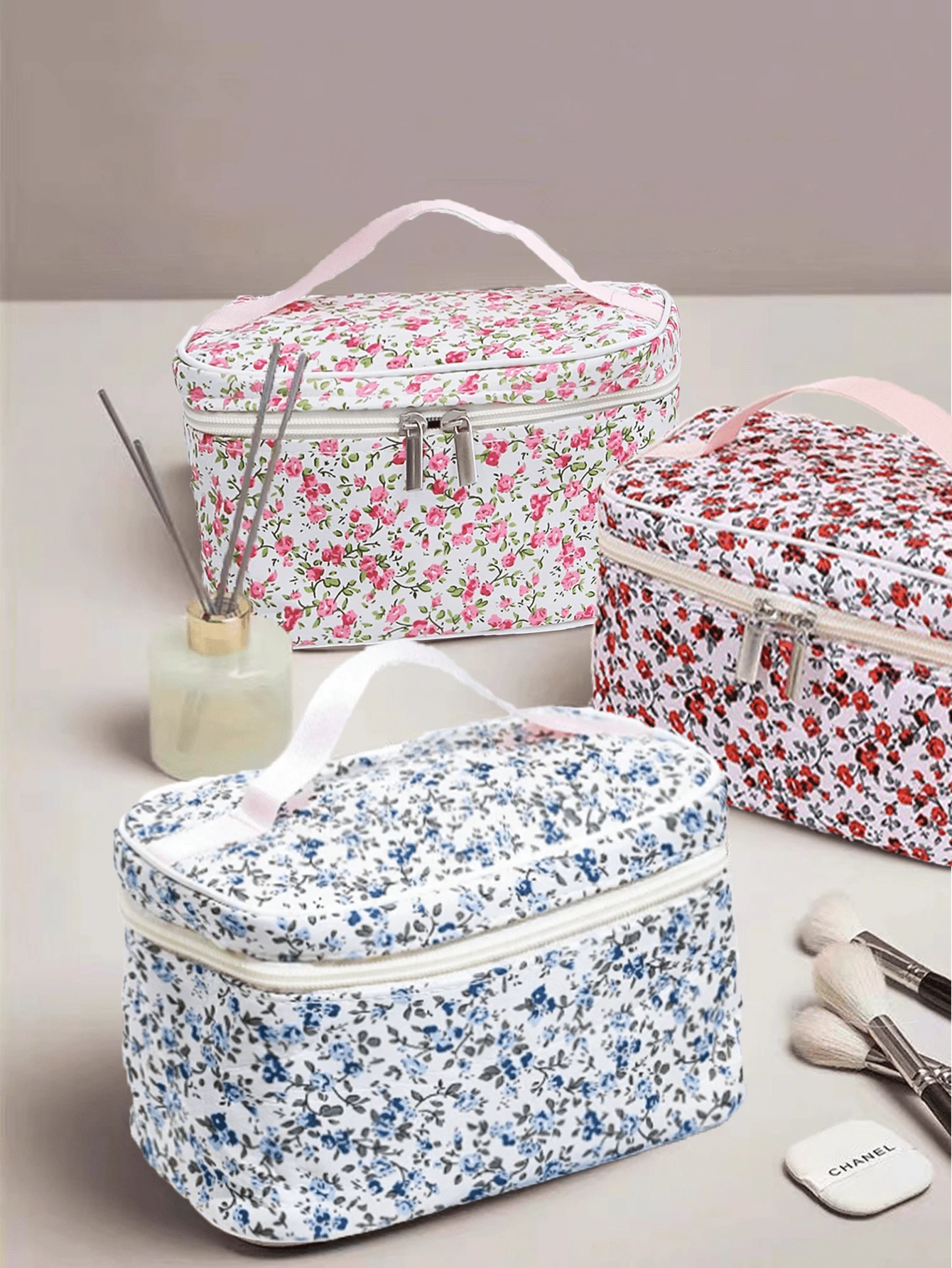 1 件可折叠花卉手提包，花卉图案拉链顶部手柄化妆包，化妆品收纳盒，化妆品收纳包，适合宿舍、女孩、妈妈、学校、旅行、度假、冬季返校
