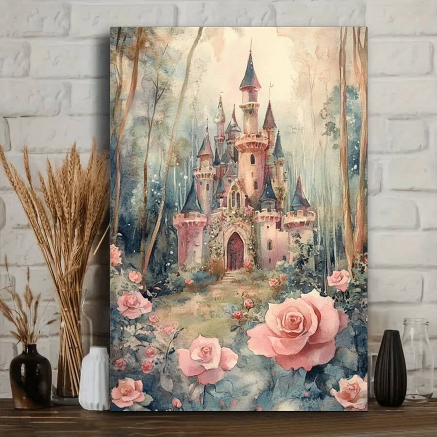 1 Pc Canvas Painting, Fairy Tale Queen's Castle Room , Wooden Framed Art,High Quality ,Thickness 2. 25cm/1inch Wall Art Prints Poster Direct Hanging Decor For Home Gifts,Living Room, Bathroom, Bedroom, Kitchen,Bar,Office,Halloween, Christmas And Valentine's Day Gifts,2D Plane - 彩色 - 查看 1