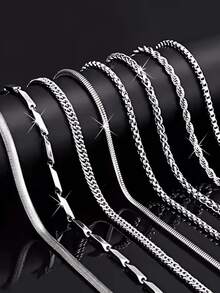 8 件时尚男士不锈钢链条项链套装 DIY 搭配日常佩戴